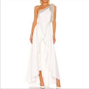LanTing Bride White Satin Jumpsuit with Skirt and Shoulder Bow Sz US 8